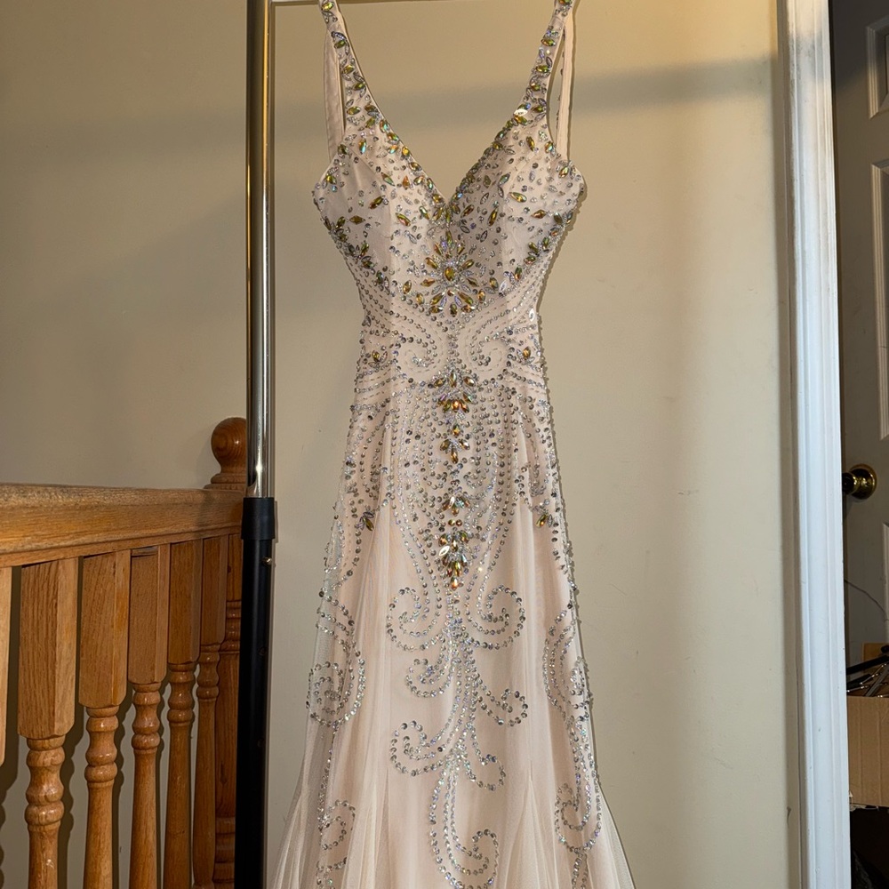Sean Collection Cream and Silver Embellished Prom Dress